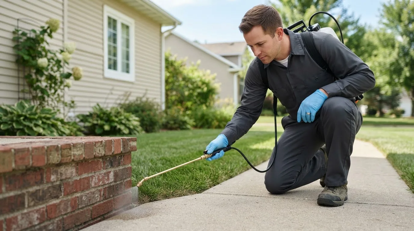 Pest control technician treating a home near New York Mills, NY