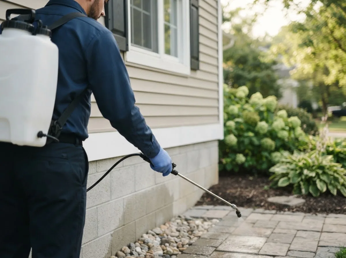 Pest control technician inspecting a home in New York Mills, NY